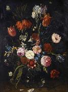 Jan Van Kessel the Younger A still life of tulips, a crown imperial, snowdrops, lilies, irises, roses and other flowers in a glass vase with a lizard, butterflies, a dragonfly a Sweden oil painting artist
